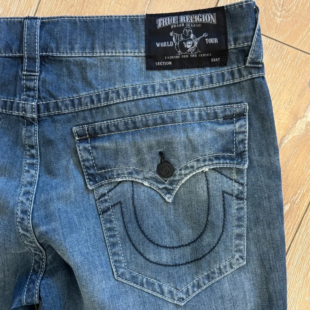 True Religion Geno Mens 38 Distressed Plaid Patch Relaxed Slim Straight Jeans